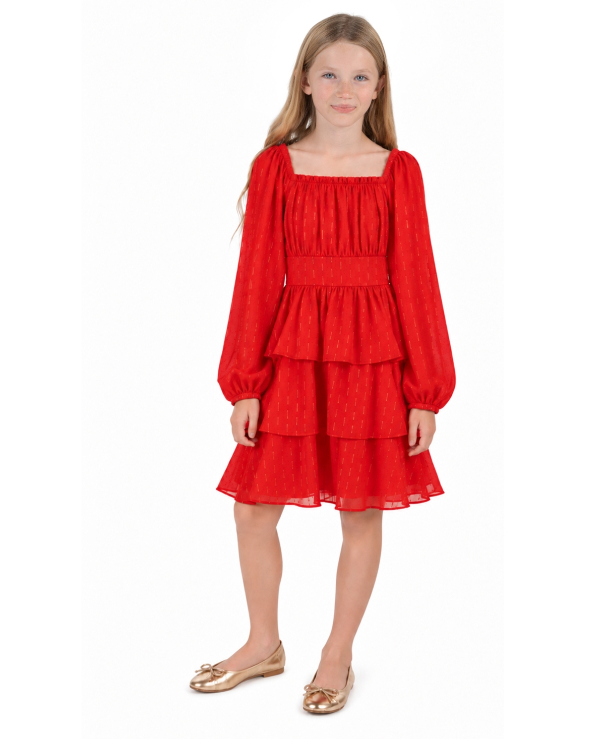 Rare Editions Girls' 4-16 Long-Sleeve Square-Neck Tiered Dress