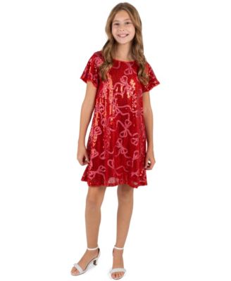 Girls' 7-16 A-Line Bow Sequin T-Shirt Dress