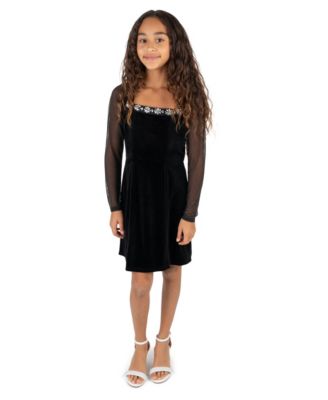 Girls' 7-16 Long-Sleeve Fit & Flare Rhinestone Dress