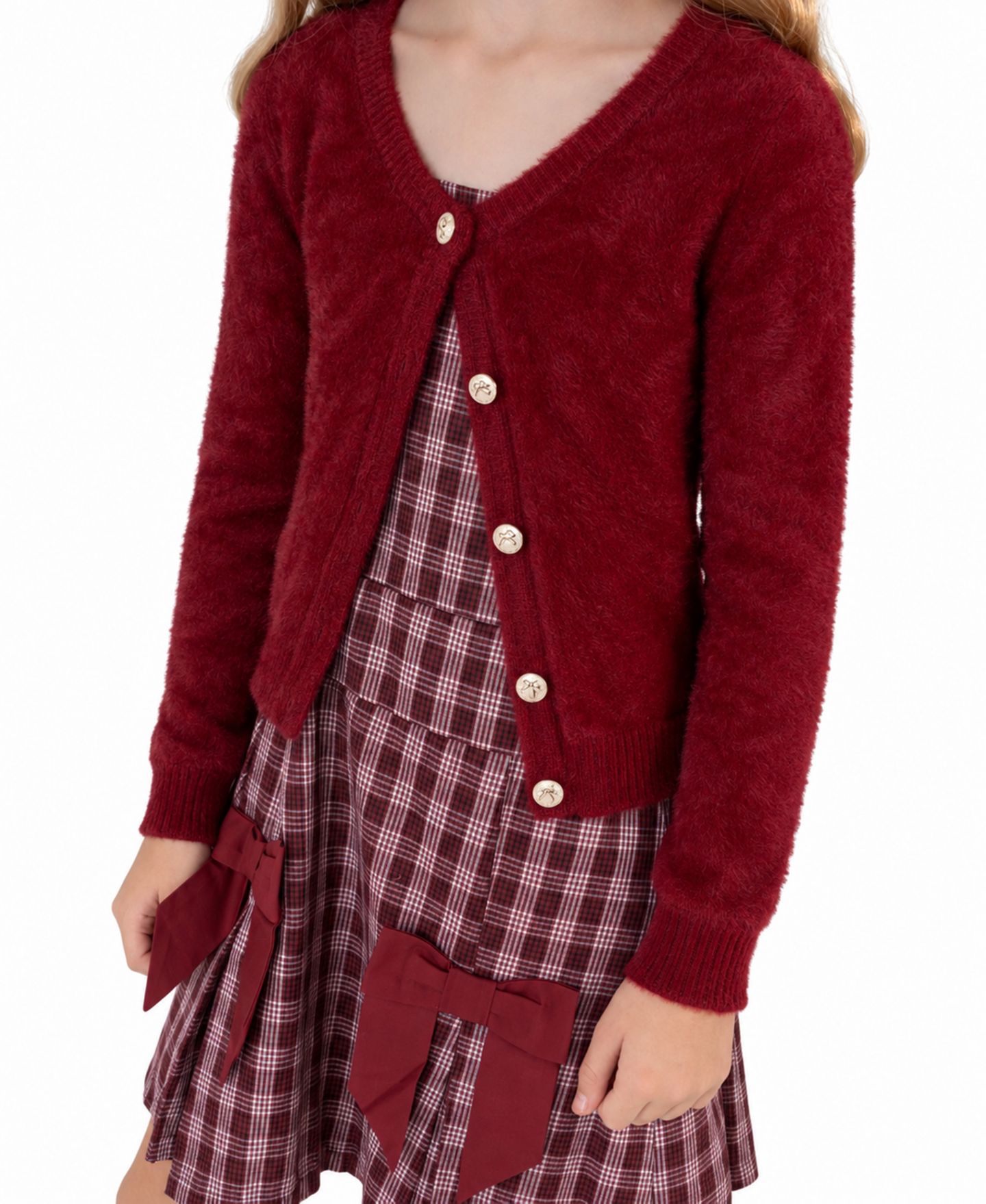 Платья Rare Editions Fit-and-Flare Holiday Square neck Cardigan and Dress, 2-Piece Set для девочек, цвет: Бордовый — фото 3