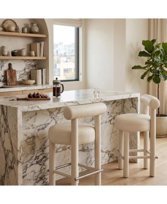 Velvet-Upholstered Counter Height Bar Stool with Rubberwood Legs