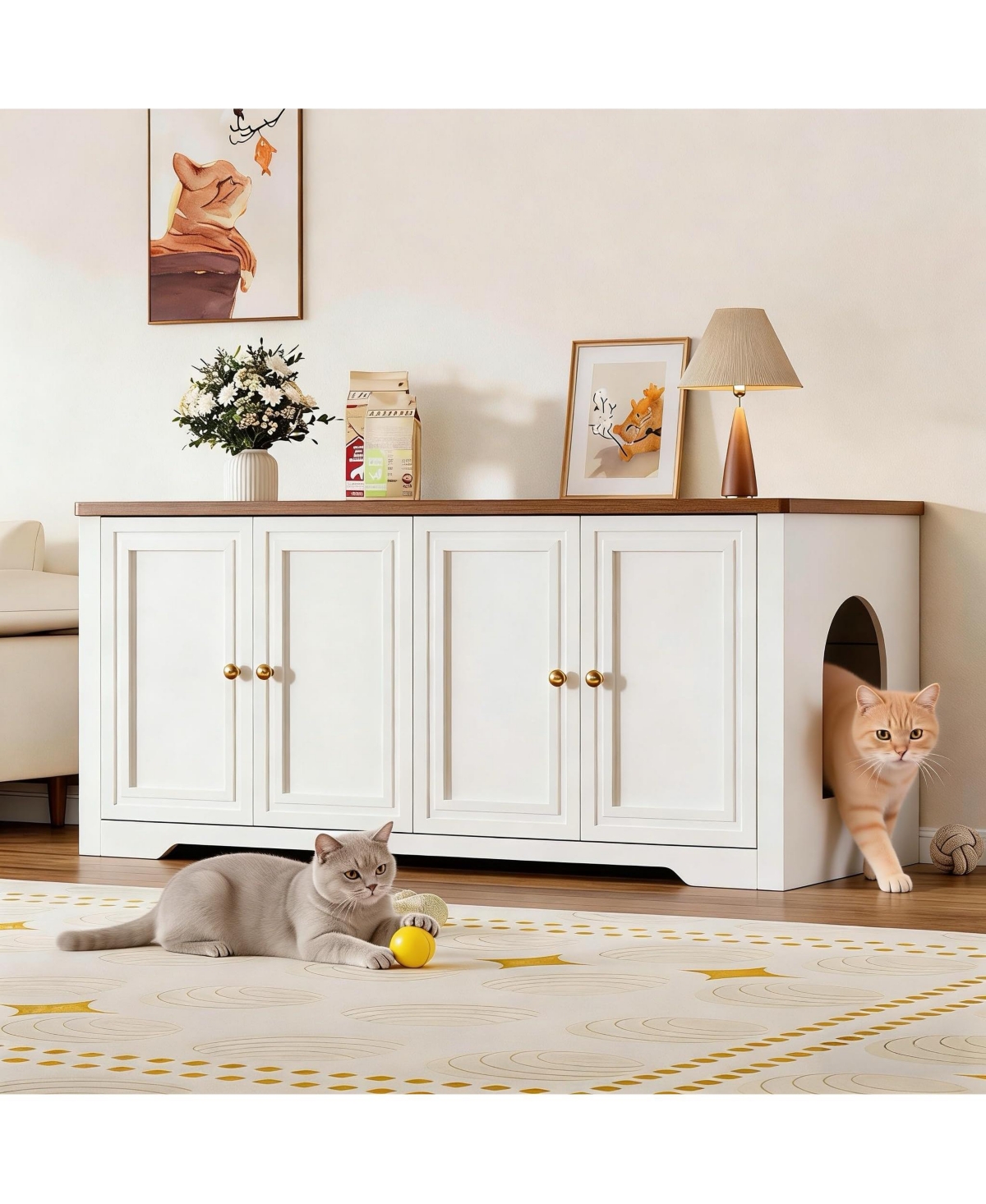 Vabches 47.2-in W Mid-Century Modern Cat Litter Box Enclosure for 2 Cats Hidden Litter Box Furniture with Double Room Soft-Close Doors