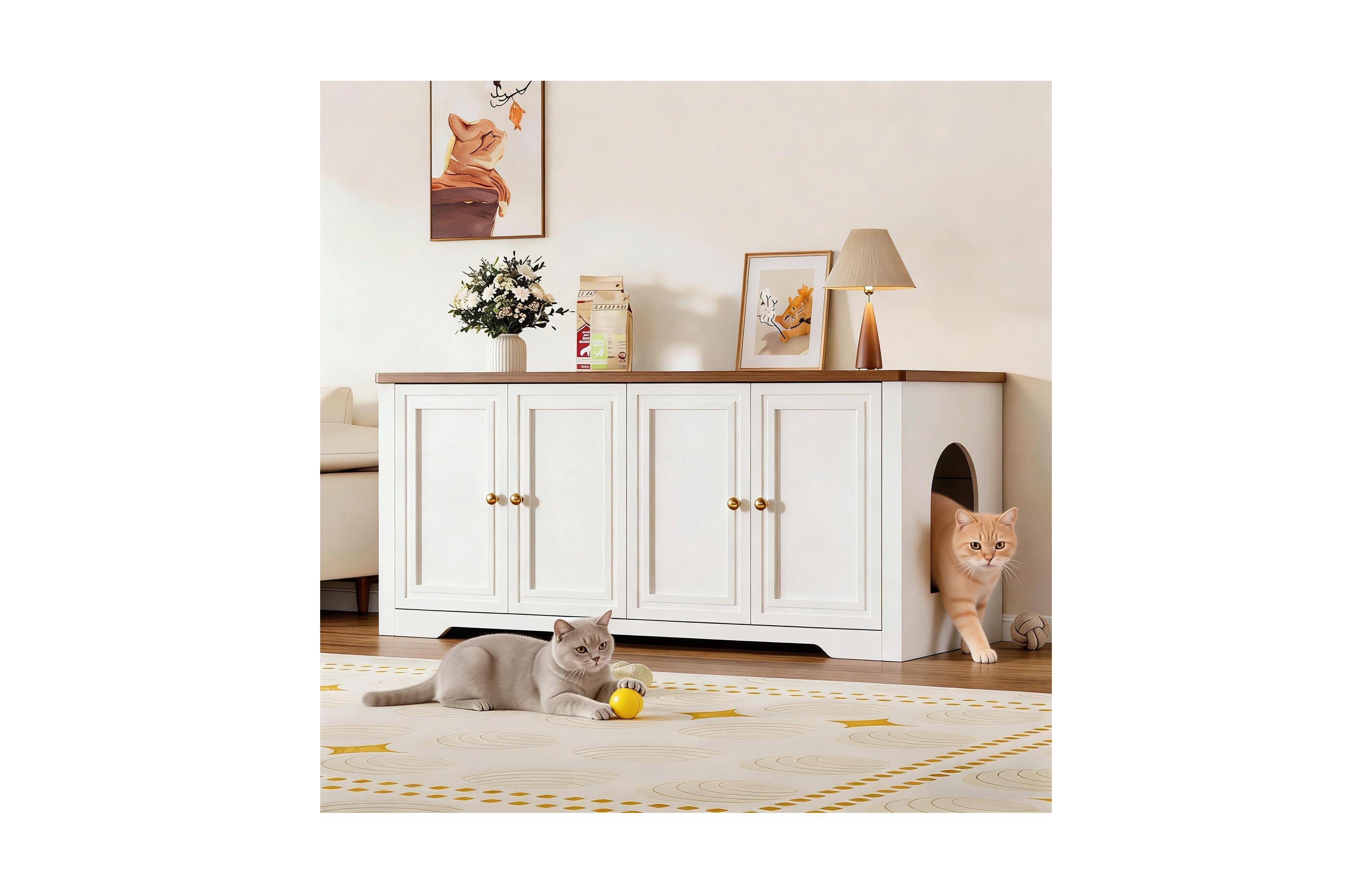 Vabches 47.2-in W Mid-Century Modern Cat Litter Box Enclosure for 2 Cats Hidden Litter Box Furniture with Double Room Soft-Close Doors