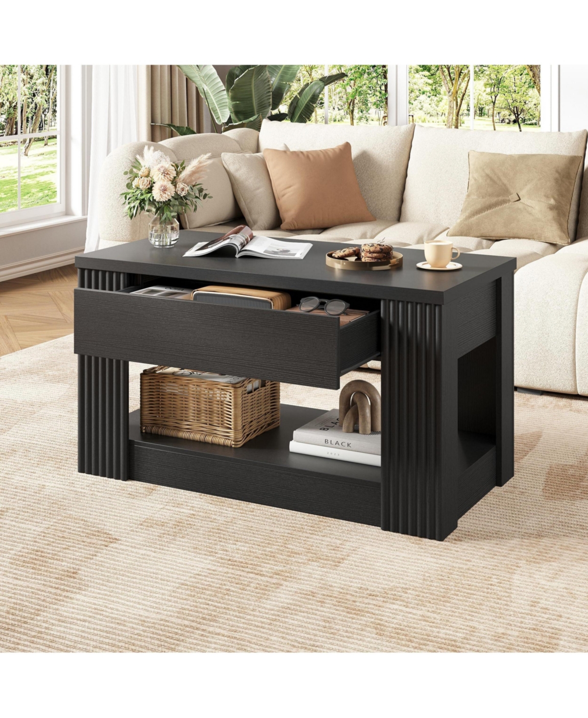 Vabches Mid Century Modern Fluted Coffee Table with Storage Drawer Open Bottom Shelf