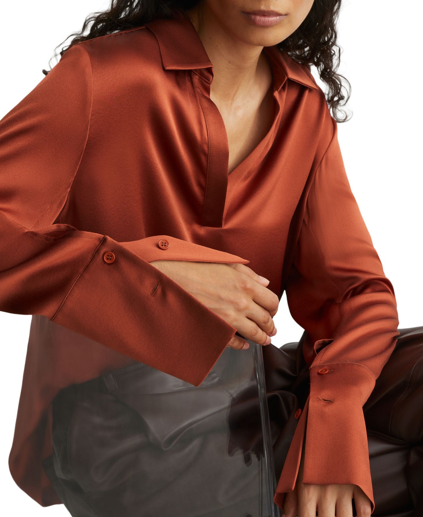 Женская блузка REISS Marina Long-Sleeve Satin Collared, цвет: Ржавый — фото 6