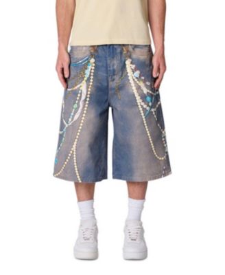 Men's Chain Printed Baggy Denim Shorts, 14" Inseam