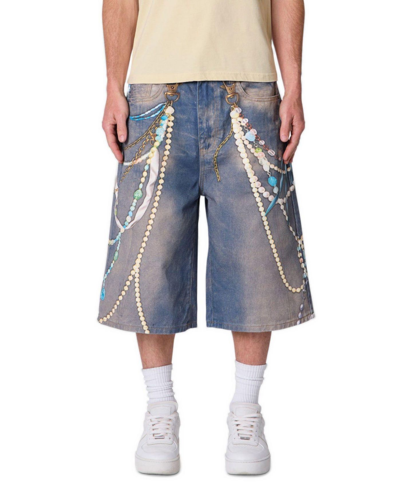 Мужские шорты mnml Chain Printed Baggy Denim, 14" Inseam, цвет: Средний синий — фото 1