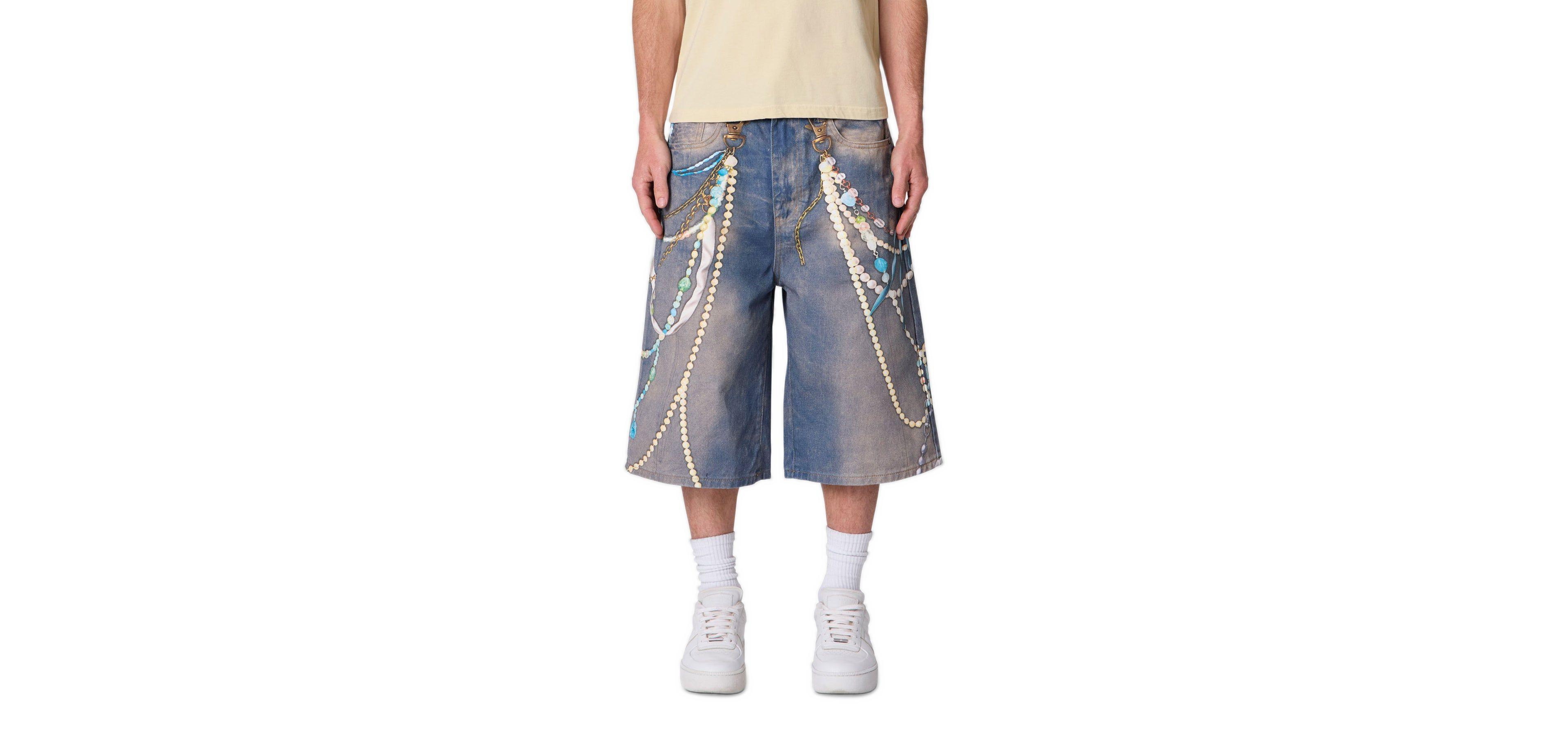 mnml Men's Chain Printed Baggy Denim Shorts, 14" Inseam