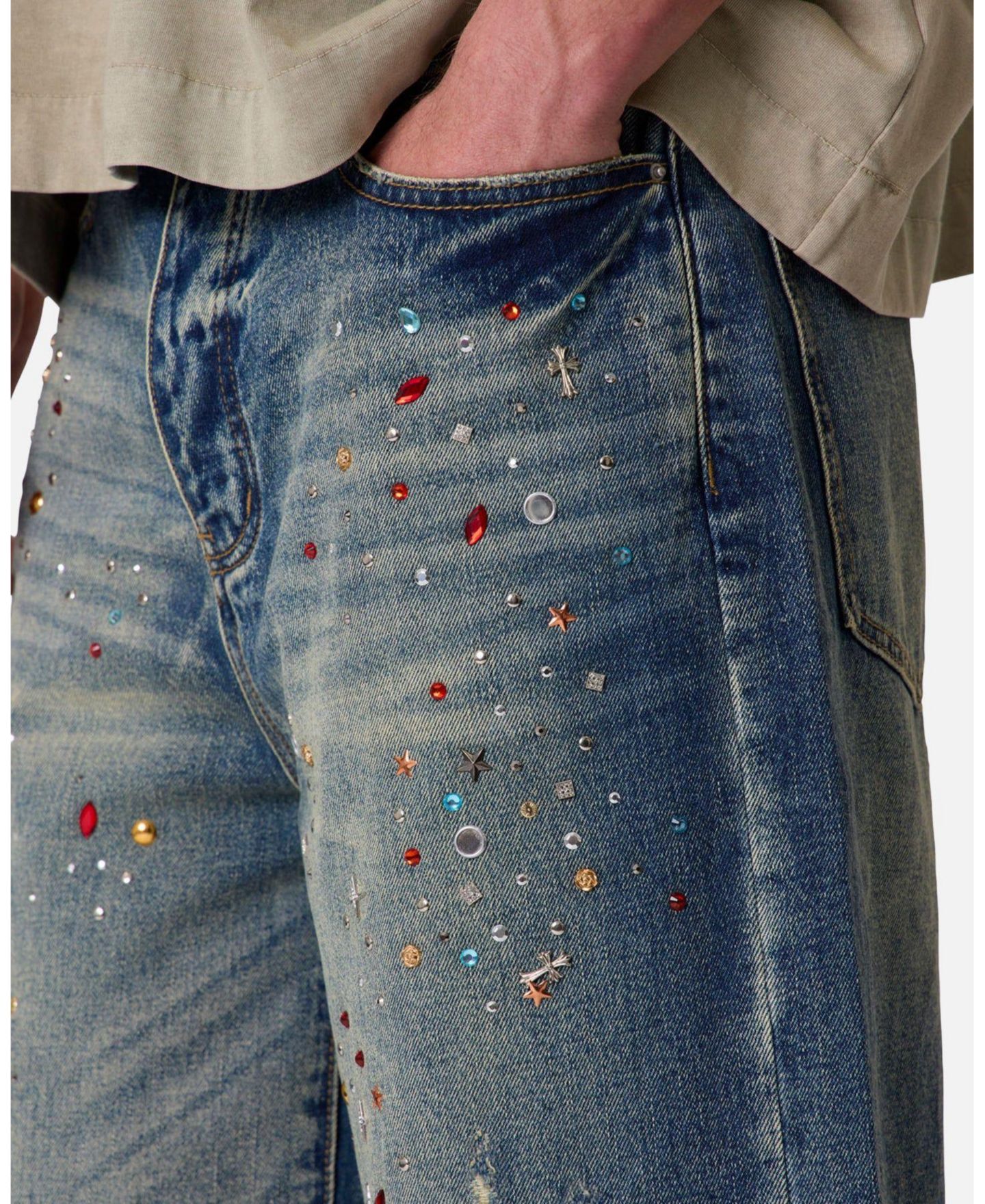 Мужские шорты mnml Ultra Baggy Rhinestone Denim, 14" Inseam, цвет: Средний синий — фото 5