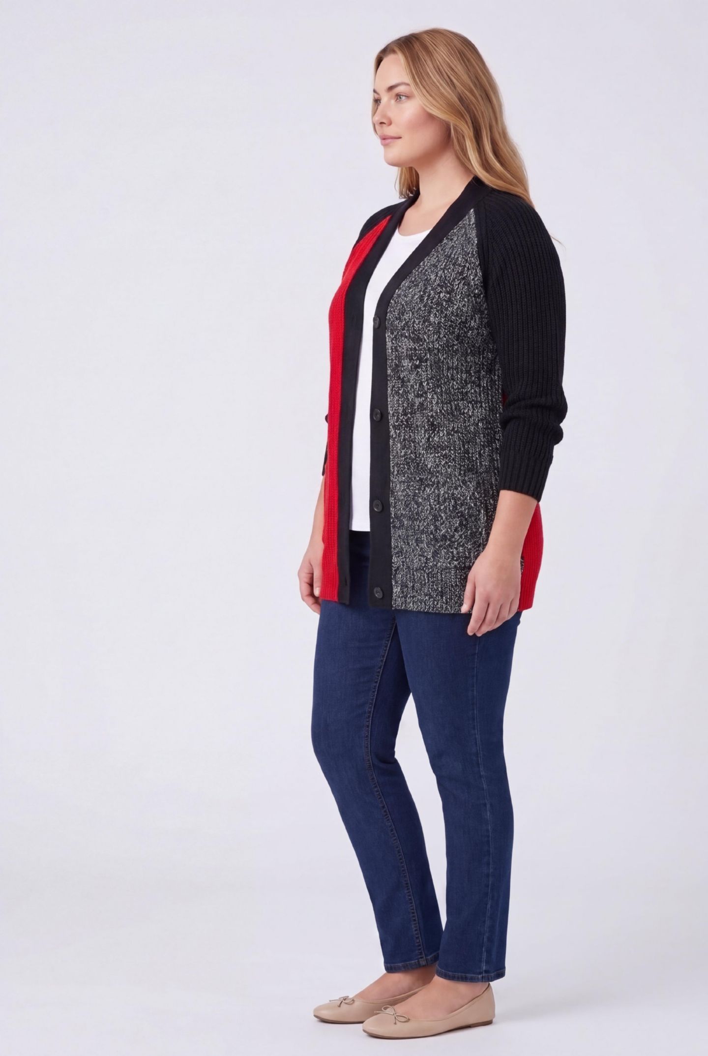 Женский кардиган Woman Within Within Button-Front Shaker Cardigan, цвет: Чёрный красный — фото 4