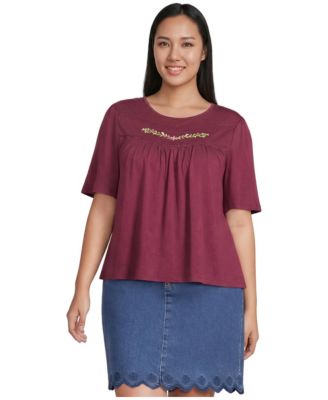 Plus Size Elbow Sleeve Slub Jersey Embroidered Yoke Pintuck Blouse