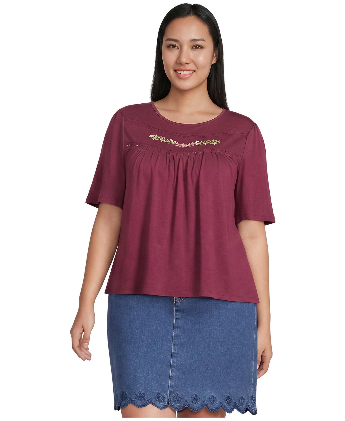 Lands' End Plus Elbow Sleeve Slub Jersey Embroidered Yoke Pintuck Blouse
