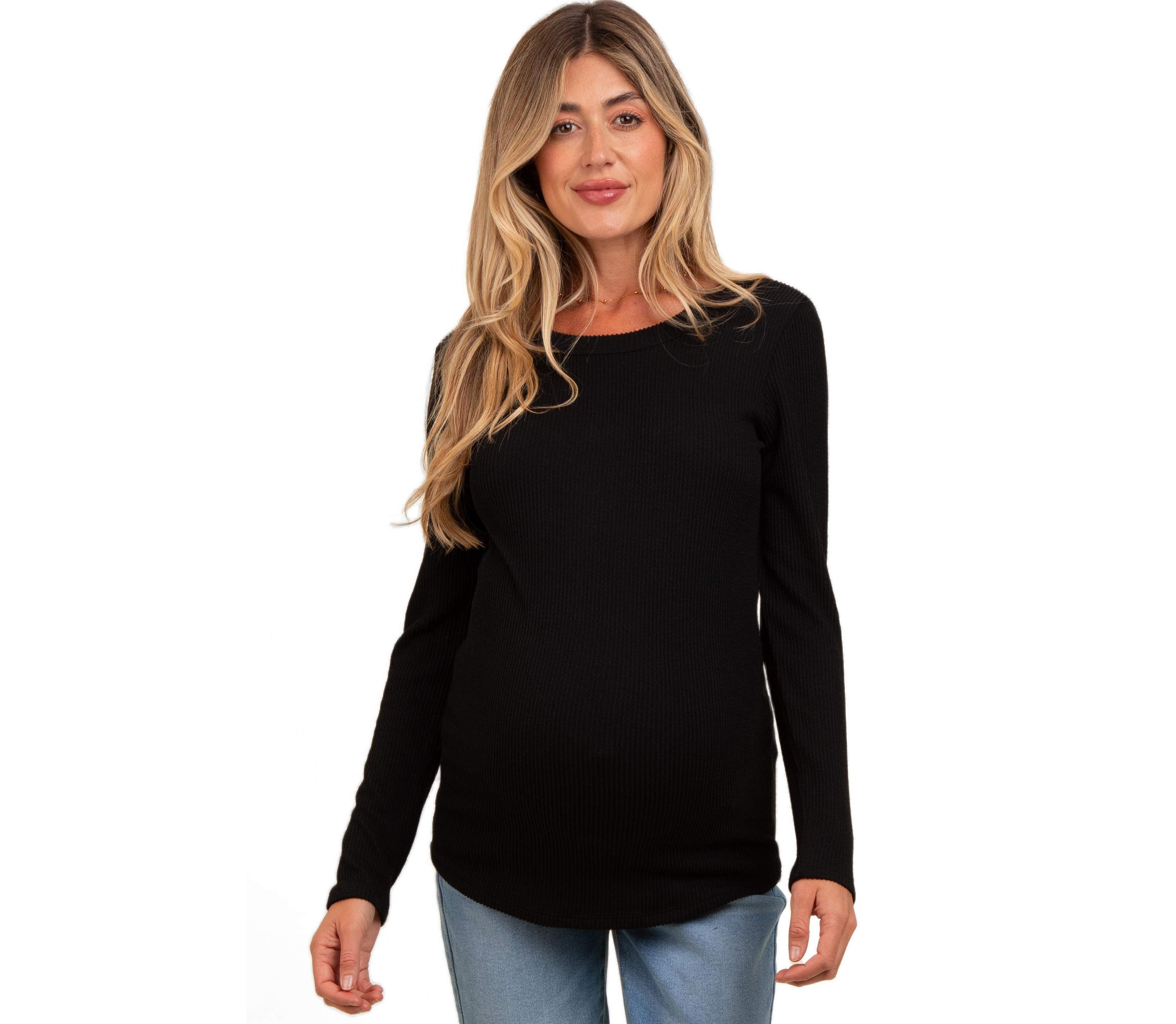 Pinkblush Maternity Charcoal Ribbed Scoop Neck Long Sleeve Top