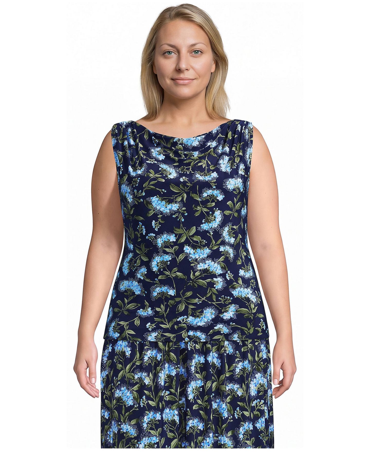 Женский топ Lands' End Plus Size Sleeveless Silky Knit Drape Front, цвет: Глубокий морской / Синий — фото 1