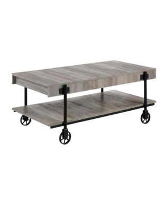 Wood Coffee Table with Metal Wheels and Steel Frame