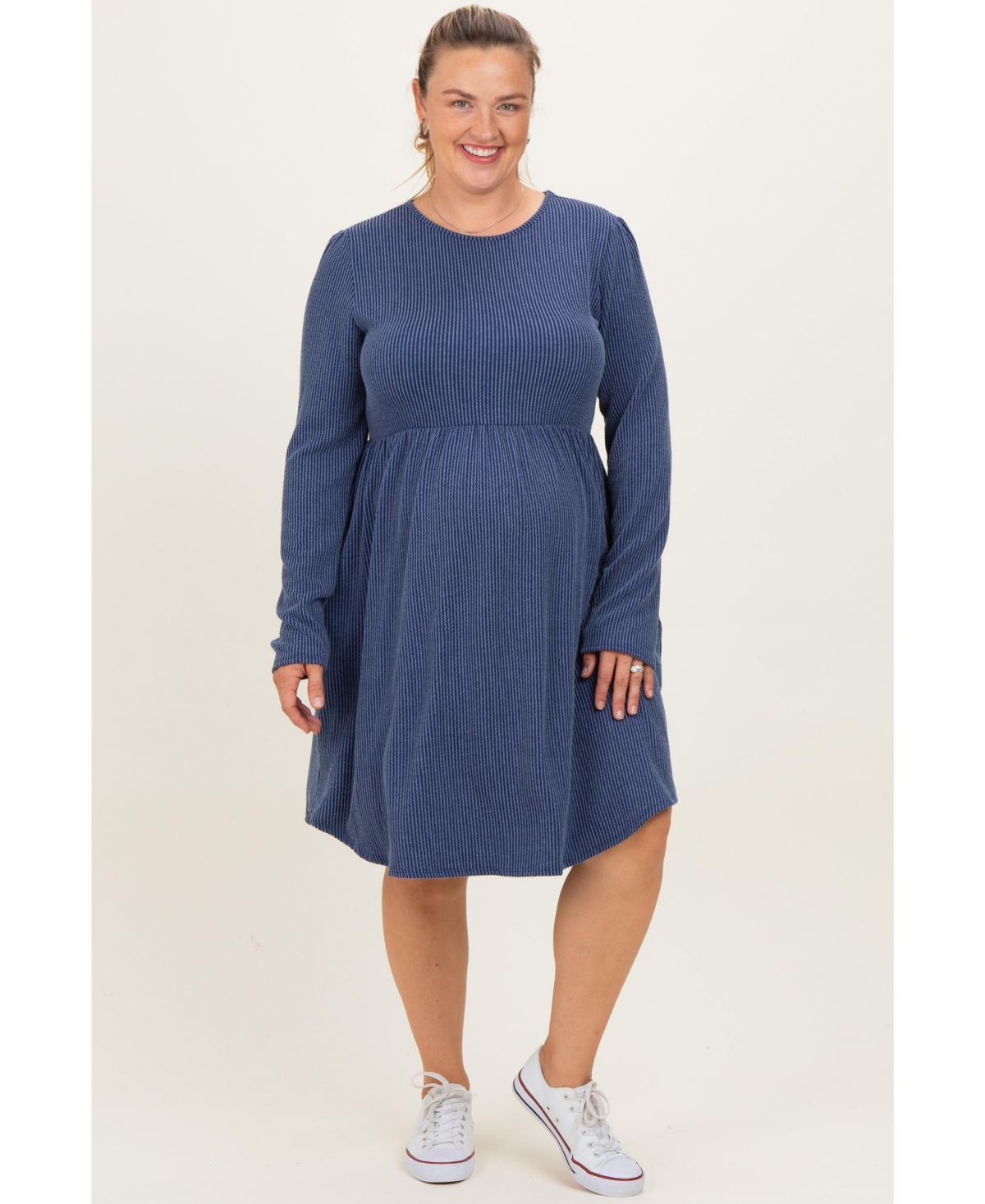 Pinkblush Plus Size Navy Textured Rib Long Sleeve Dress - Navy blue