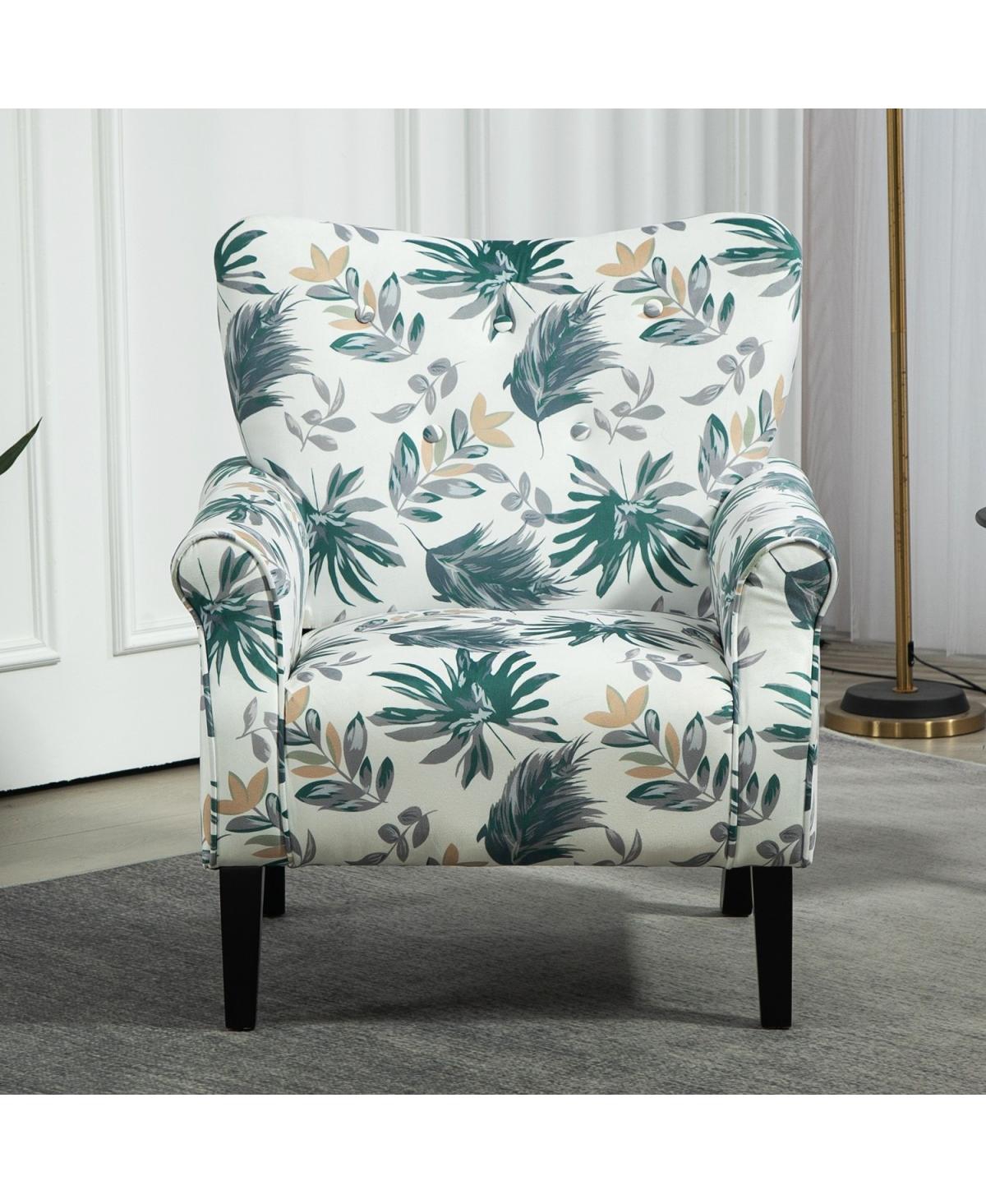 Streamdale Furniture Mid-Century Modern Wingback Accent Chair with Wood Legs - Green leaves