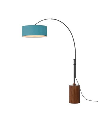 Tambo Adjustable Arc Lamp - Nickel Wood Base, Drum Pool Blue Linen Shade, Dimmable