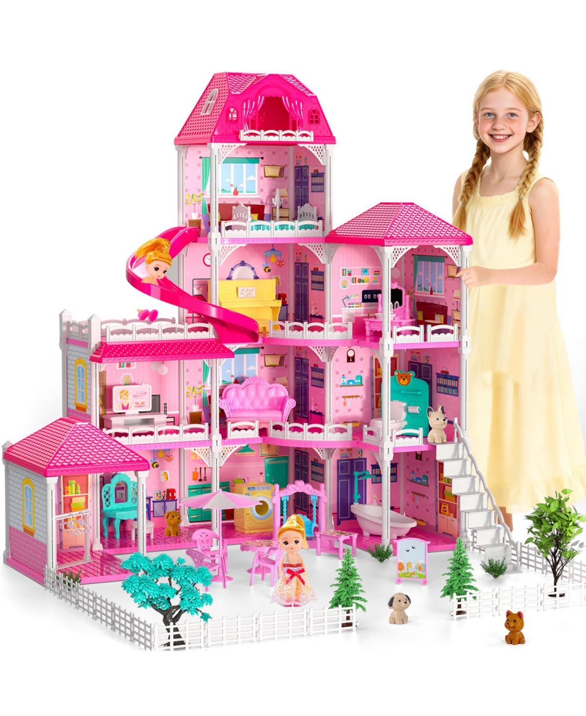 Gnuadz Princess 4-Story Diy Dollhouse with Slide, Includes 2 Dolls and 30+ Furniture Pieces, Ages 3+