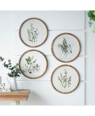 19.7" W Rustic Round Botanical Illustration Framed Wall Art Set of 4