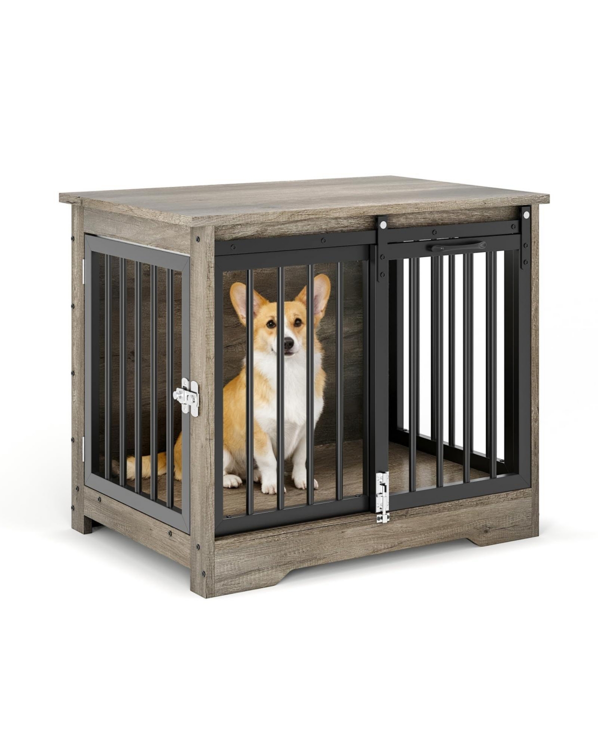 Lalfpet 37 In Wooden Dog Crate Furniture Dog Kennel Cage With 2 Doors 4 Wheels Removable Tray