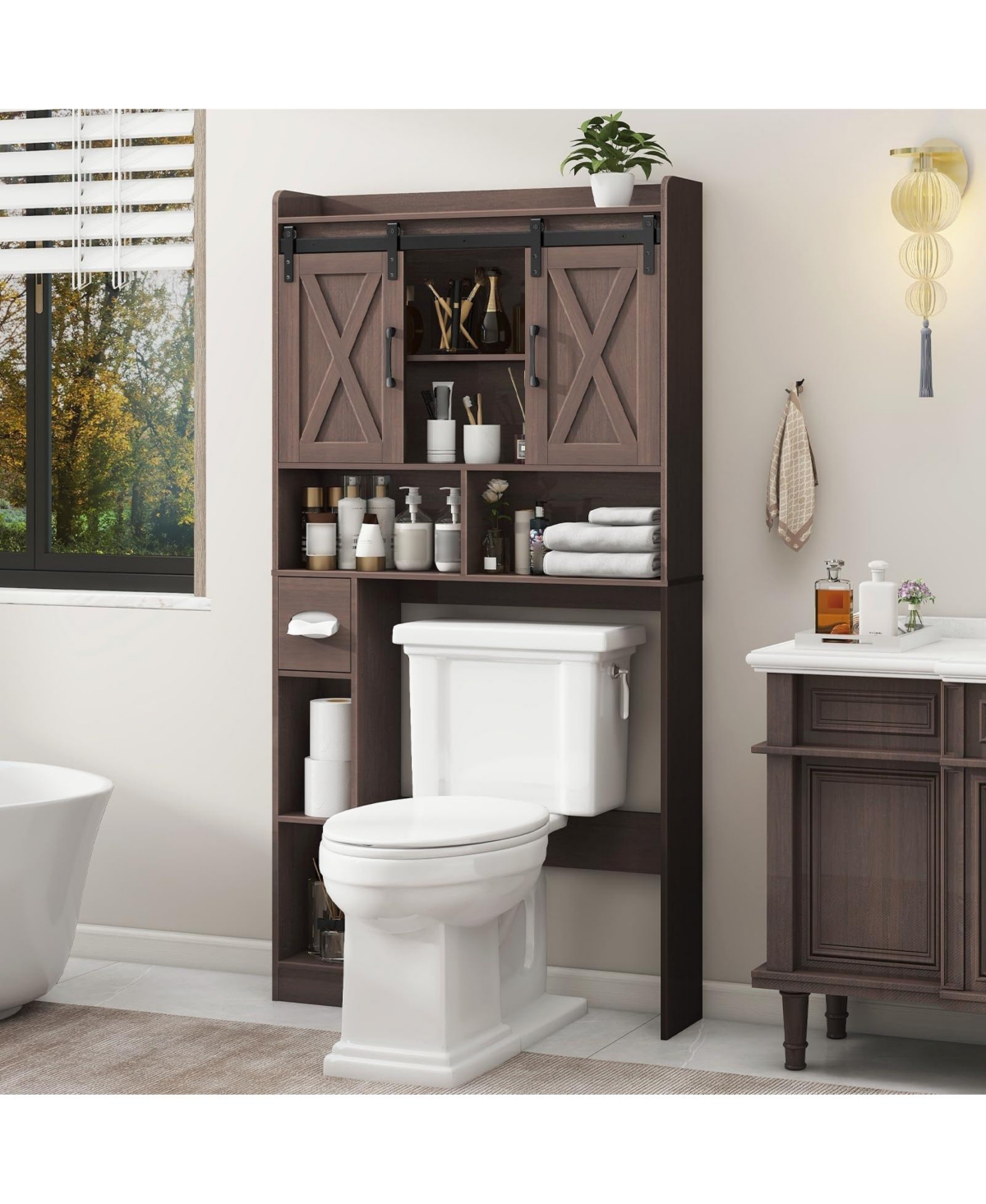 Vabches Farmhouse 4-Shelf Over-the-Toilet Storage with Barn Doors and Toilet Paper Holder