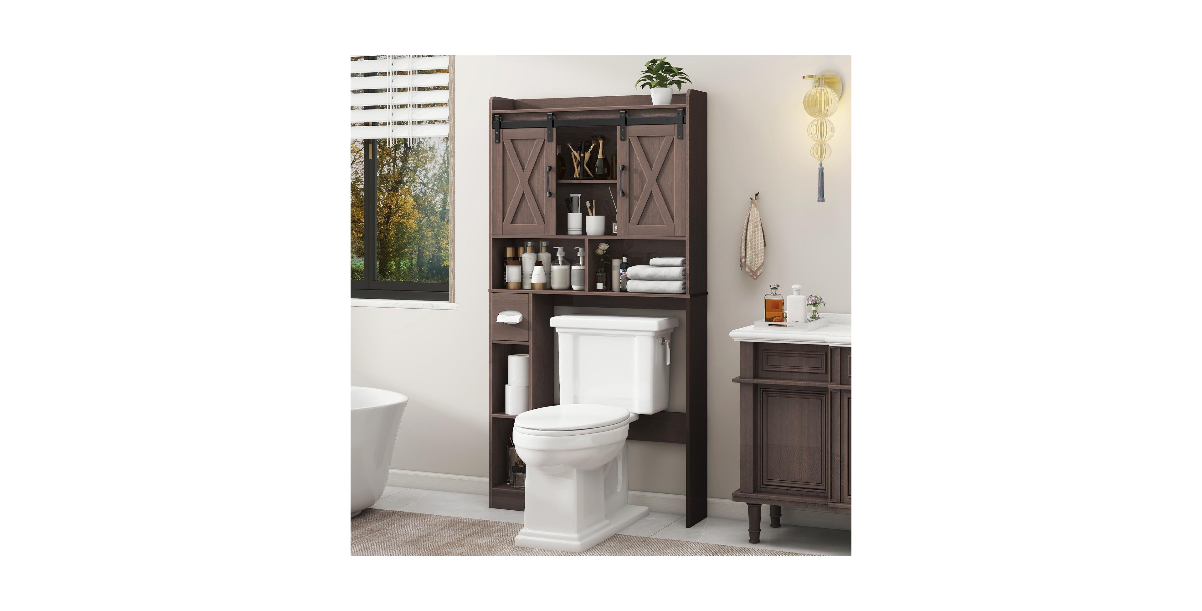 Vabches Farmhouse 4-Shelf Over-the-Toilet Storage with Barn Doors and Toilet Paper Holder
