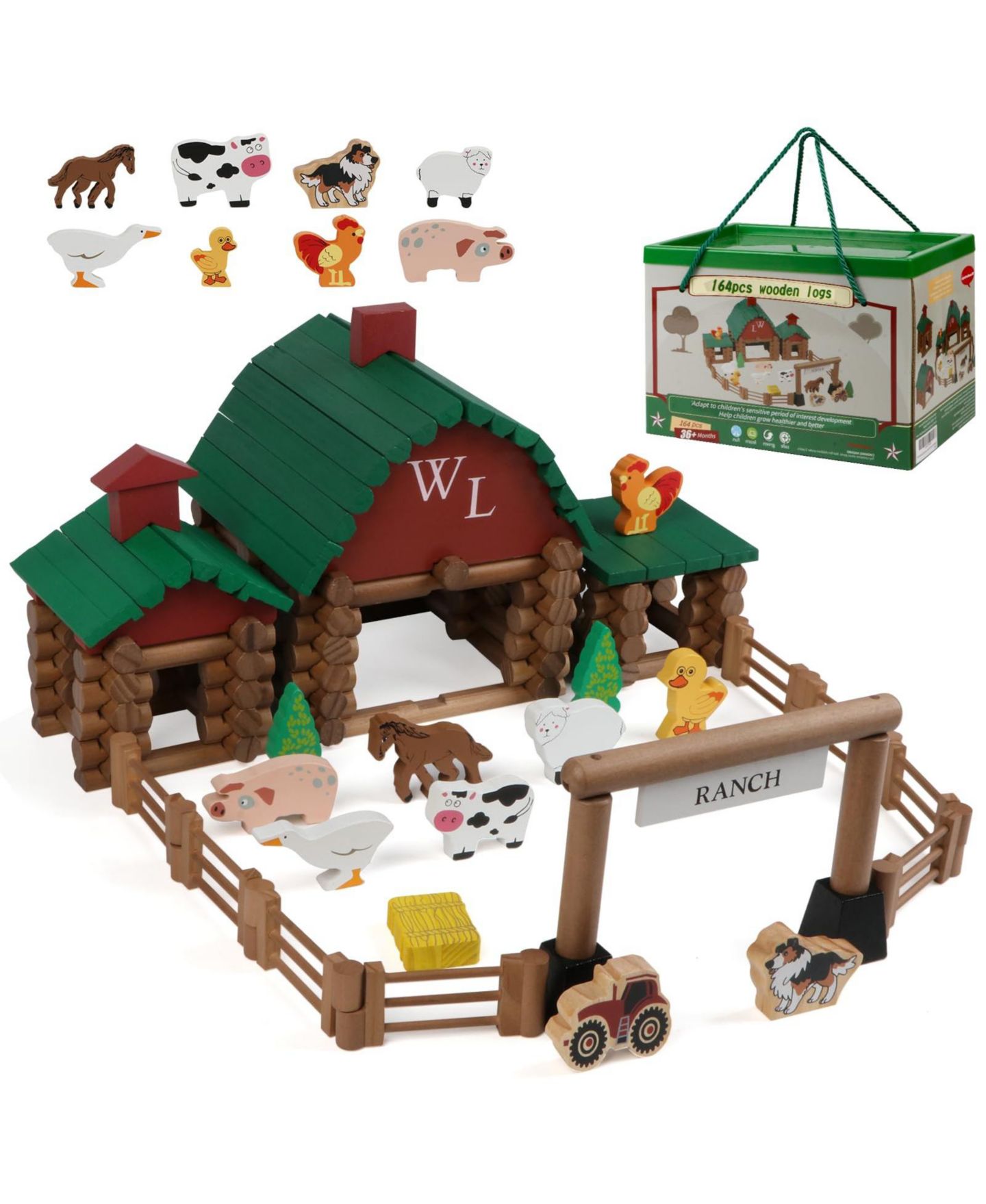 Детский конструктор GNUADZ Farm Wooden Logs Building Set, 164-Piece, Ages 3+, цвет: Ranch — фото 1