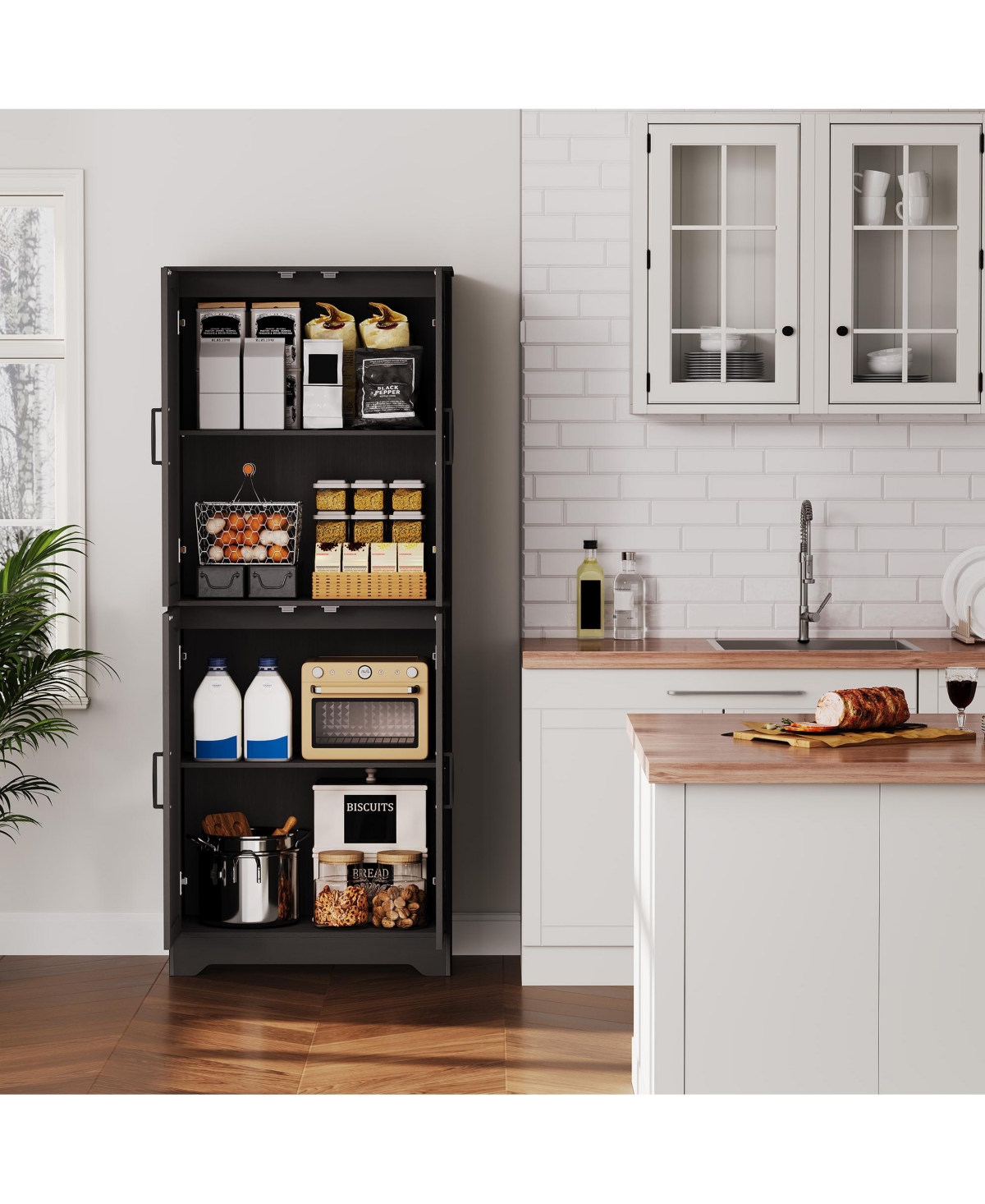 homfan 71" Farmhouse Pantry Cabinet with 4 Doors, Tall Wood Storage Armoire with Adjustable Shelves, for Kitchen Dining Room