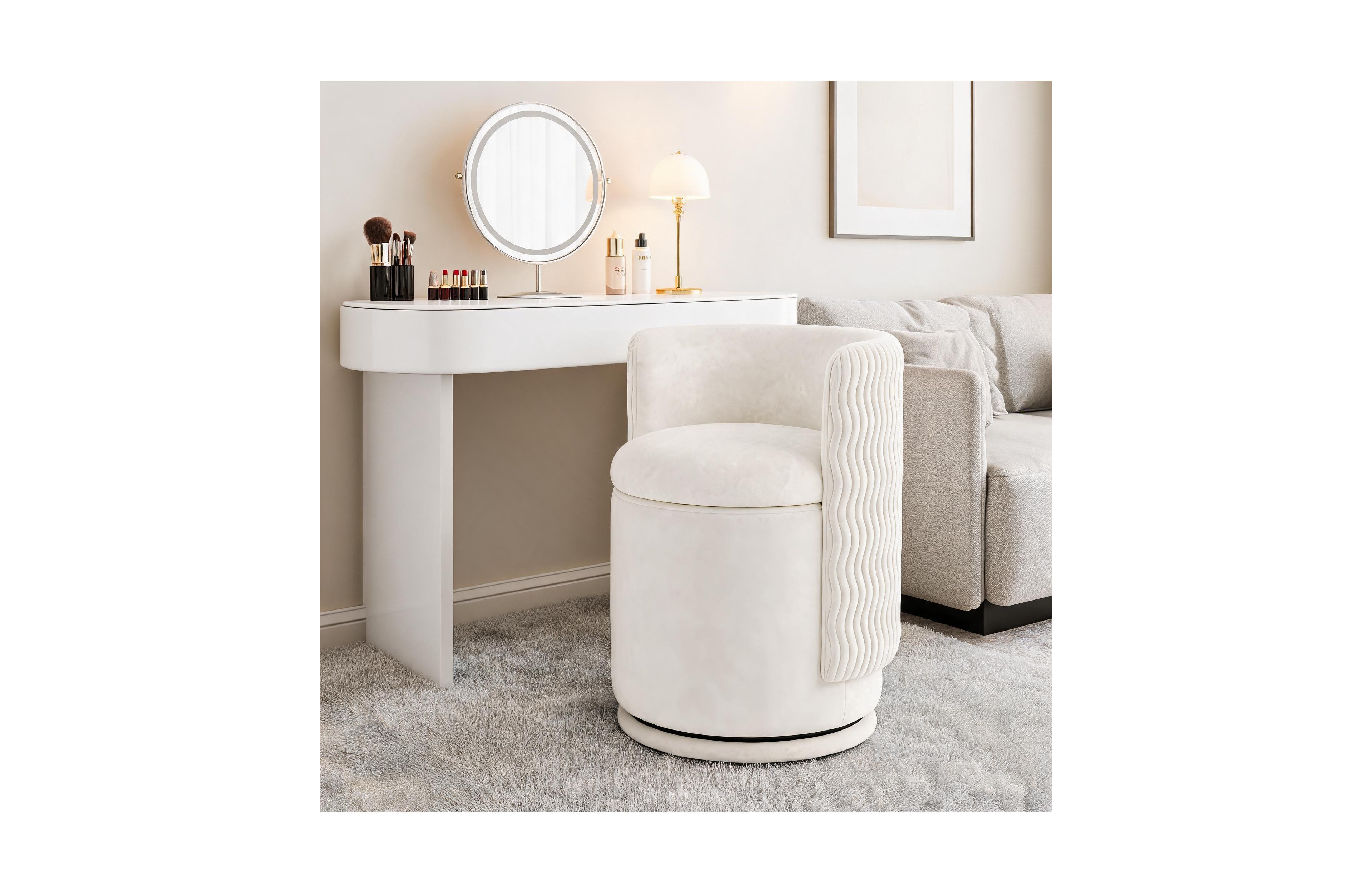Homfan 360-Degree Swivel Velvet Vanity Chair with Hidden Storage, Upholstered Wavy Backrest Accent Stool, Fully Assembled