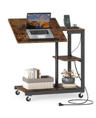 Height Adjustable C Table with Charging Station, Tiltable Tabletop, Wheels