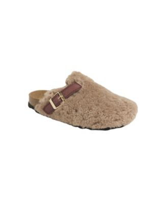 Leather Strap Teddy Shearling Flatform Heel Clogs