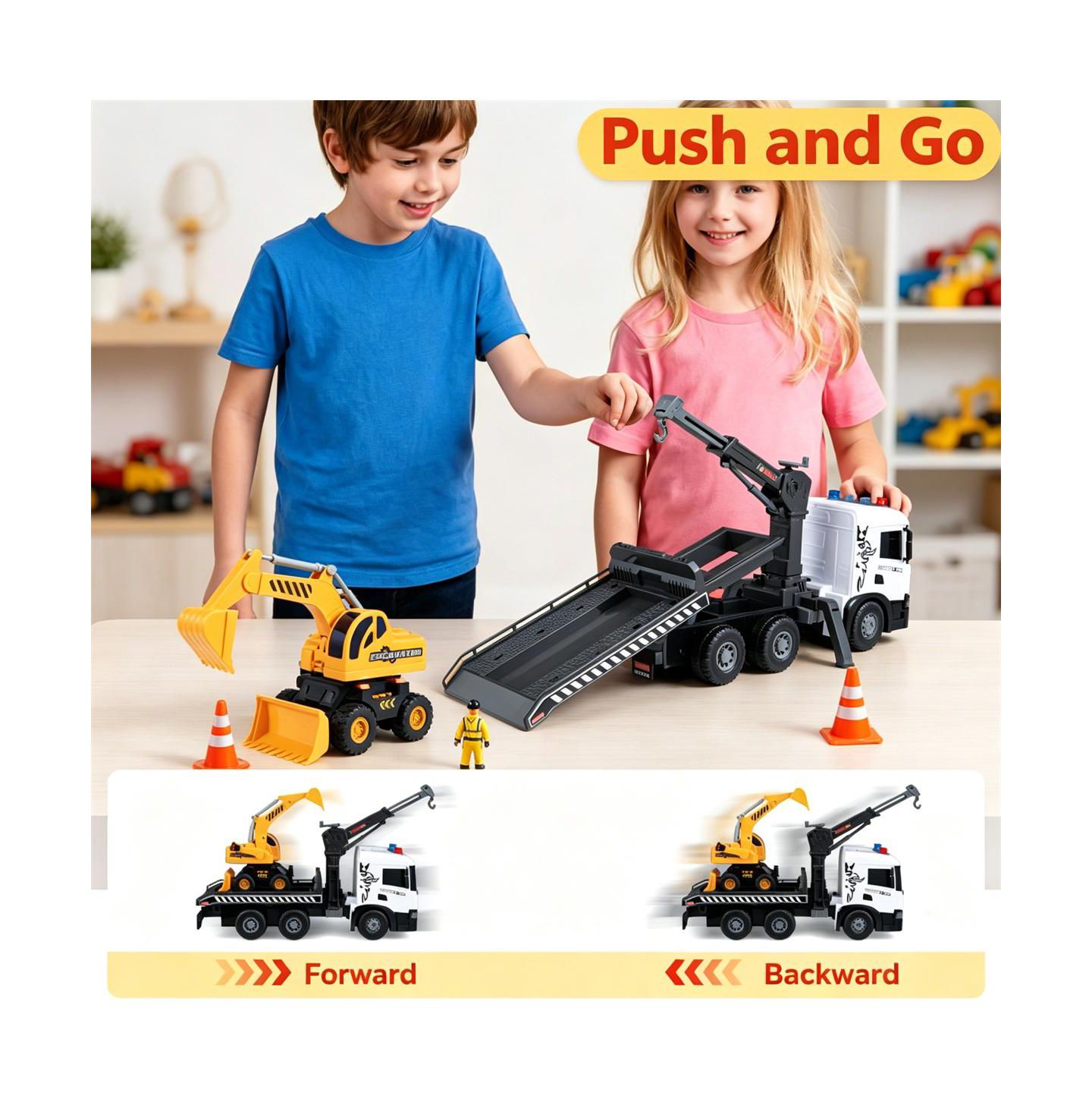 Детские игрушки SEVORLEY Scania Licensed Friction Drive Construction Vehicle Toy Set with Tow Truck and Excavator, 2-Piece Set, цвет: Белый чёрный — фото 4