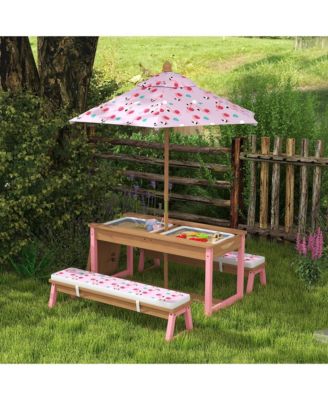 Kids Picnic Table Set, Fir Wood, Polyester Construction, Table set seats four children for face-to-face