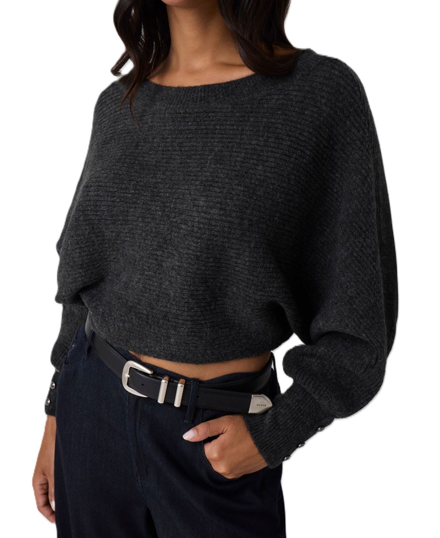 Женский свитер GUESS Emily Boat Neck Long-Sleeve Ribbed, цвет: Тёмный меланжевый — фото 1