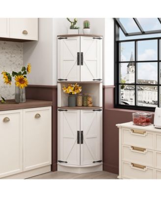 Farmhouse Corner Storage Cabinet with 4 Barn Doors Open Shelf and Fixed Shelves for Kitchen Dining Room Living Room