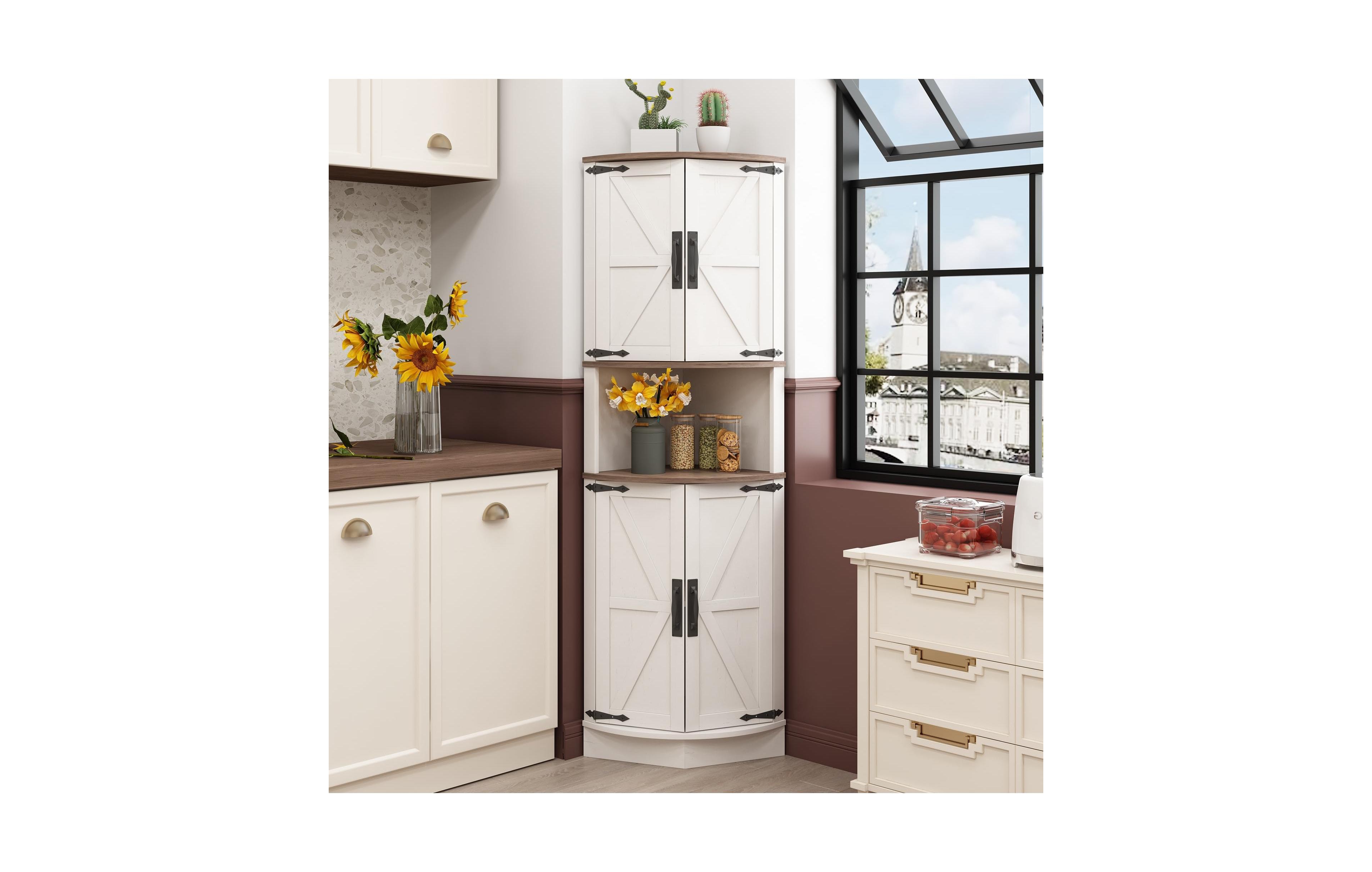 Vabches Farmhouse Corner Storage Cabinet with 4 Barn Doors Open Shelf and Fixed Shelves for Kitchen Dining Room Living Room