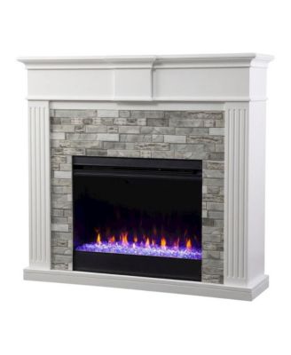 Wood Electric Fireplace with Faux Stone Surround and Color-Changing Flames