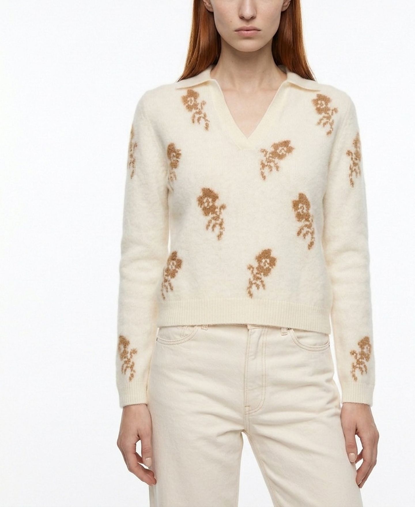 Женский свитер Elie Tahari The Raelynn Cashmere Floral Collared Split-Neck, цвет: Белый / Коричневый — фото 3
