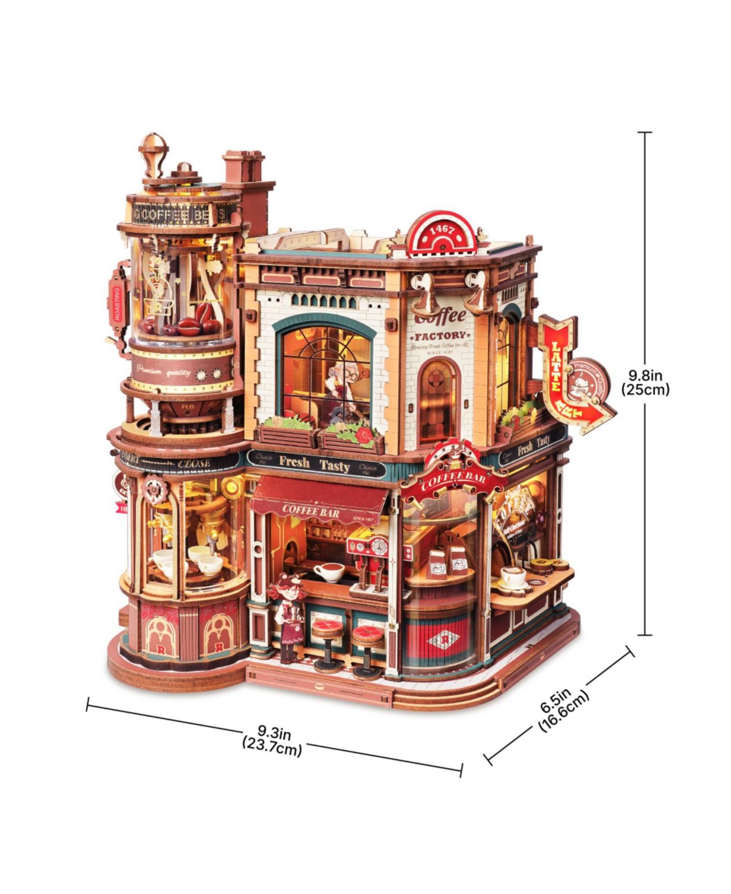 Детский конструктор Robotime Dream Coffee Factory 593-Piece Mechanical Building Set with Music Box and LED Lights, Ages 14+ — фото 4