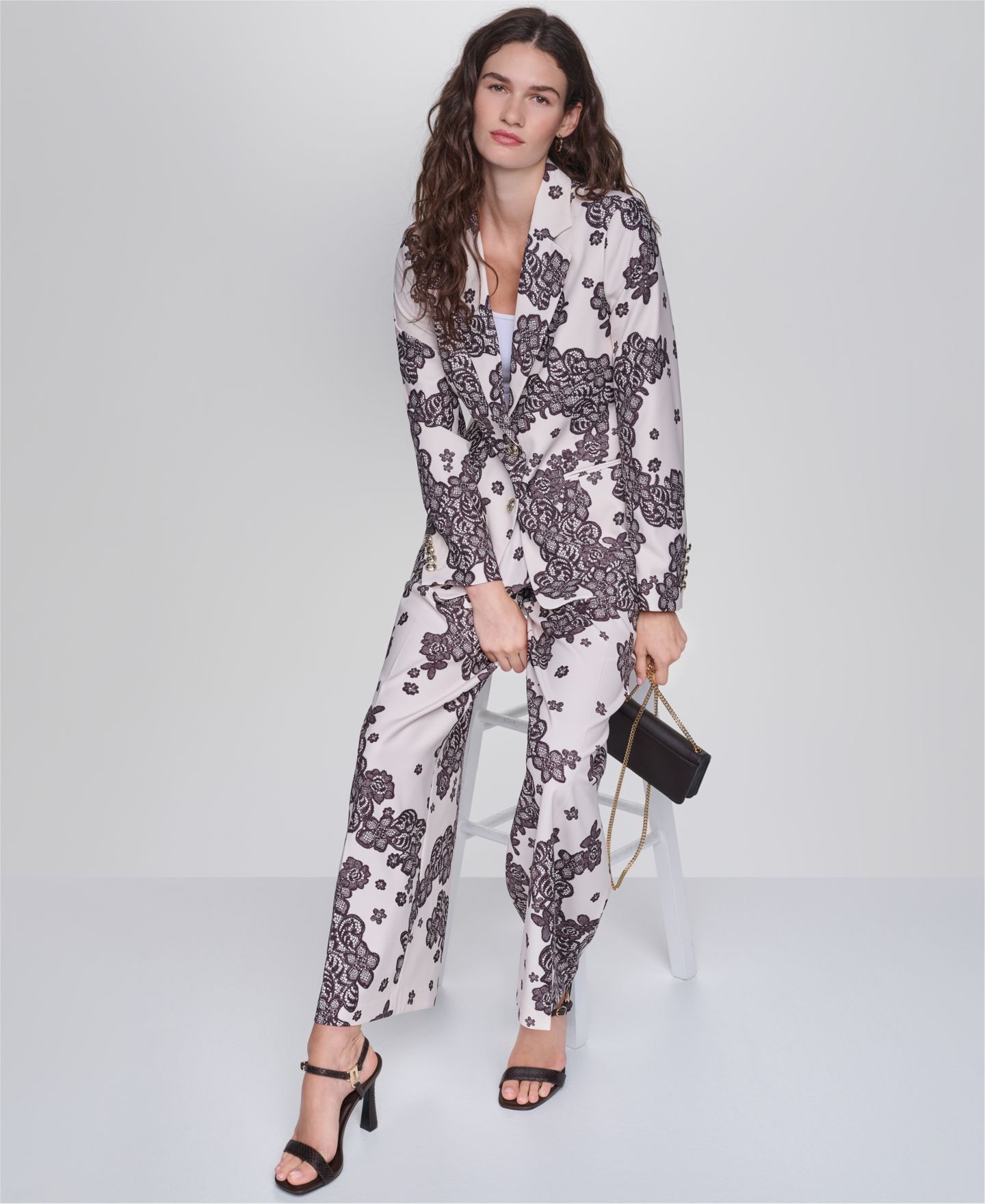 Женский пиджак KARL LAGERFELD PARIS Floral-Print Lace Blazer, цвет: Берёзовый / Шоколадный — фото 13