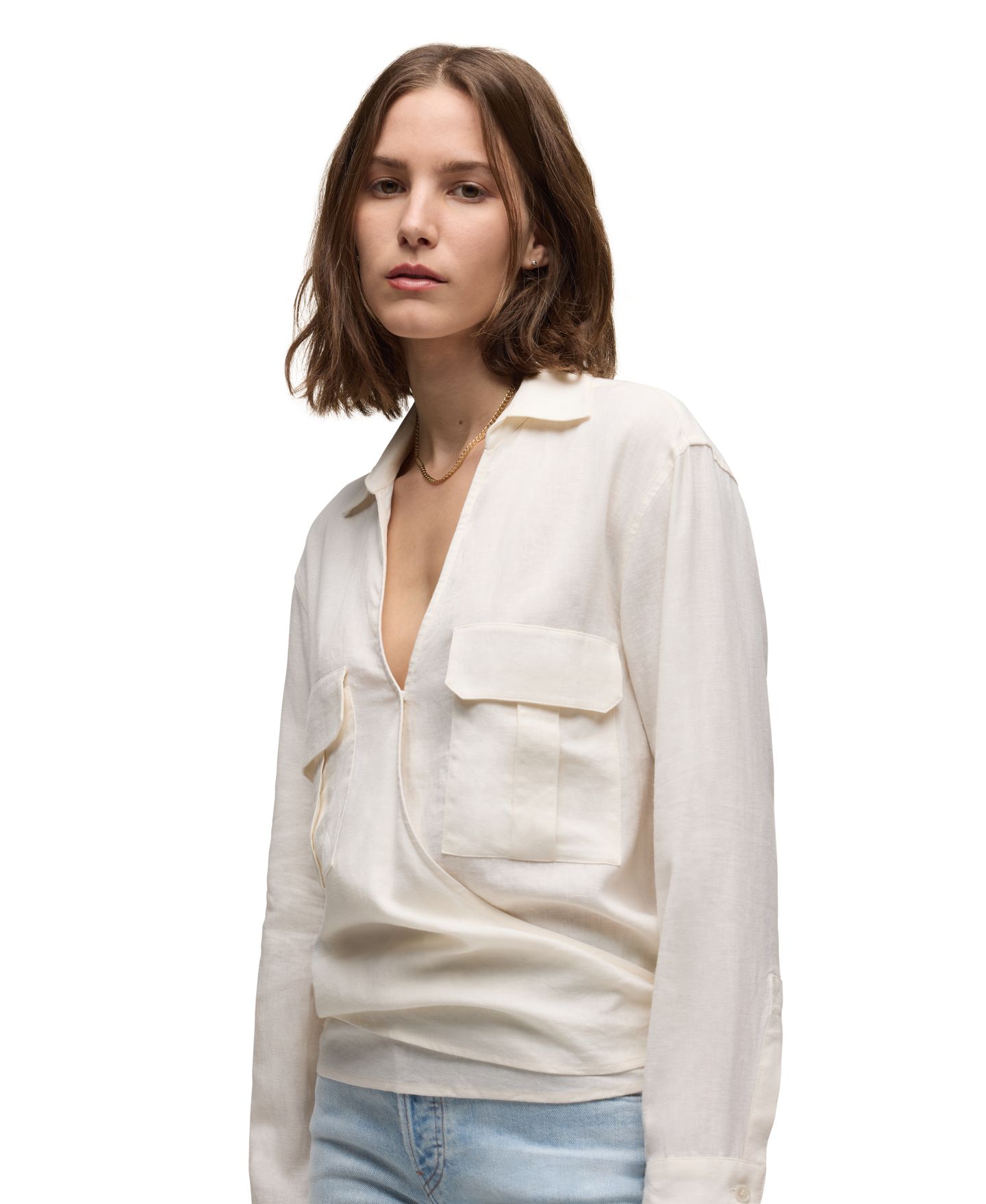 Женский топ Hudson Jeans Long-Sleeve Collared V-Neck Wrap, цвет: Экрю — фото 4