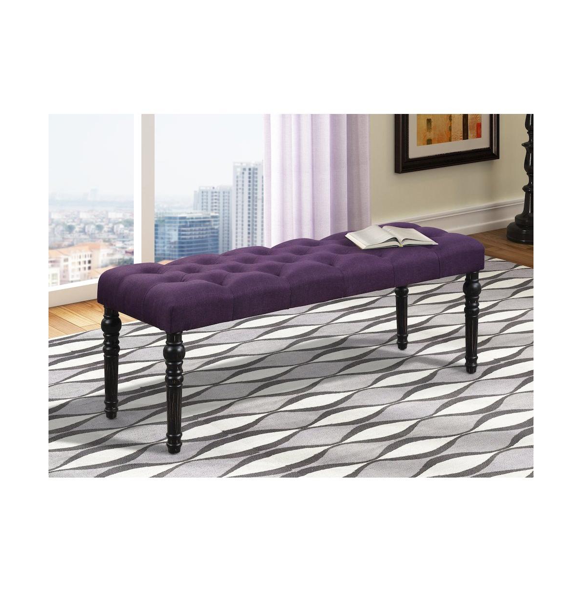 Roundhill Furniture Leviton Fabric Tufted Turned Leg Dining Bench, Purple