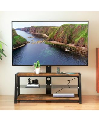 Rustic Swivel TV Stand with Tempered Glass Shelves and Power Outlets for 32-65 Inch TV