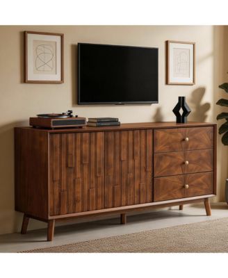 56 Inch Walnut Mid Century TV Stand Sideboard with 3 Drawers and Double Door Storage Cabinet