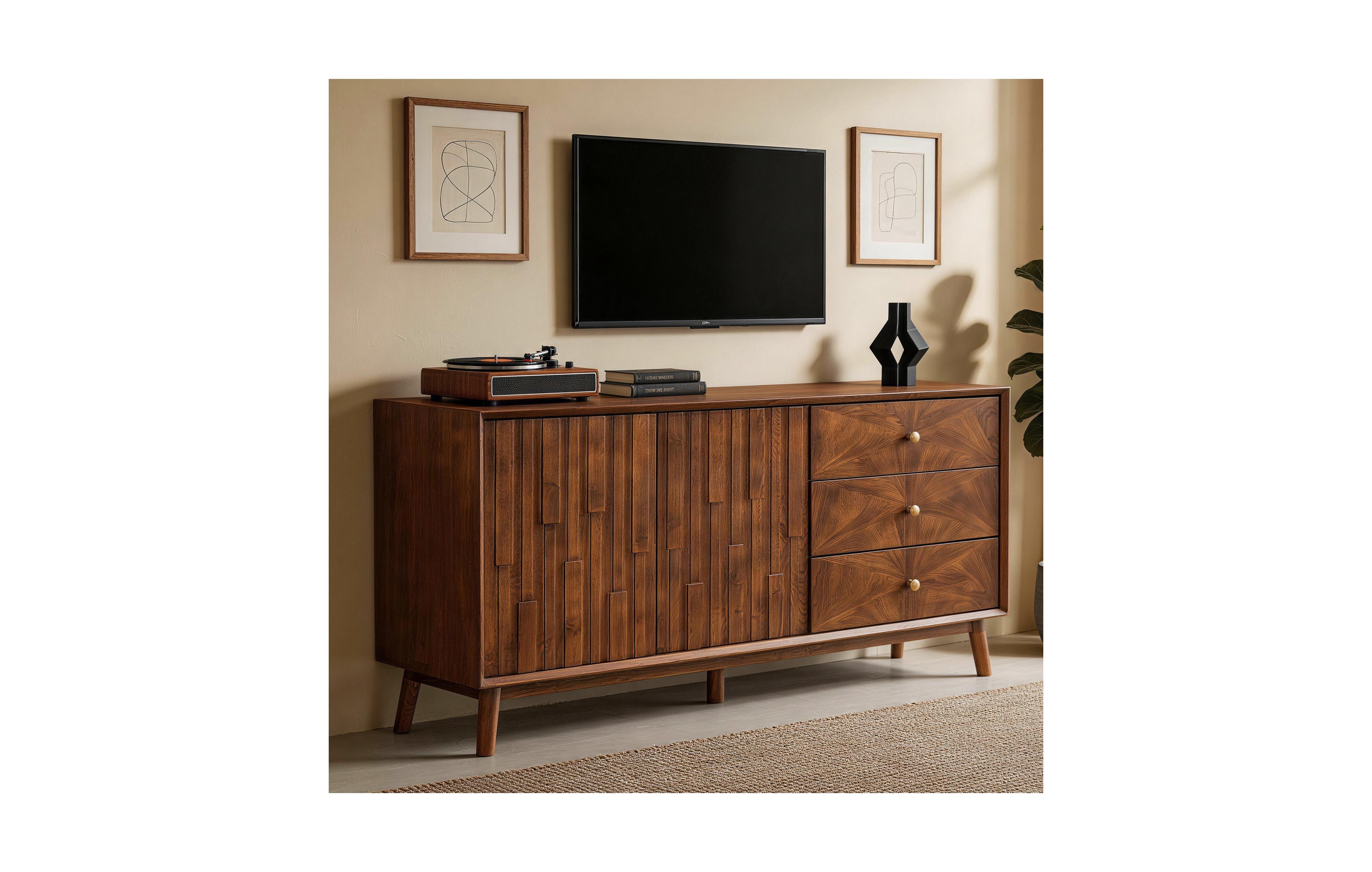Flynama 56 Inch Walnut Mid Century Tv Stand Sideboard with 3 Drawers and Double Door Storage Cabinet