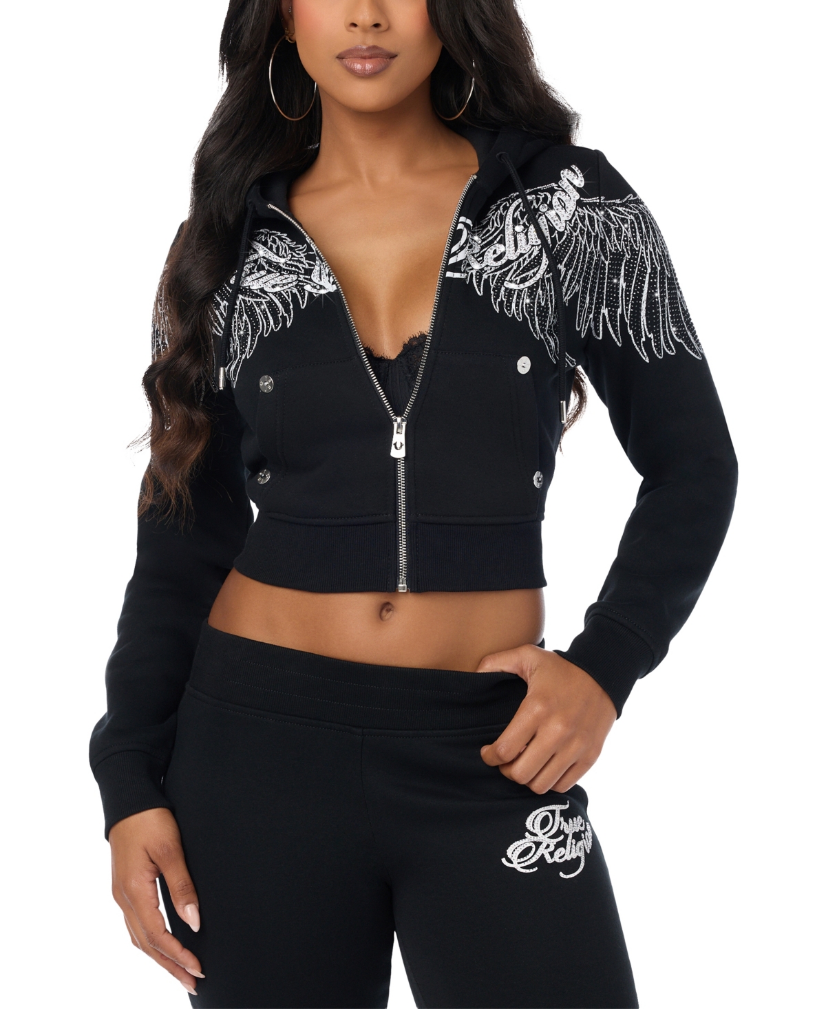 True Religion Women's Full Zip Cropped Long-Sleeve Hoodie