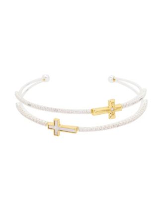 Cubic Zirconia and Imitation Pearl Cross Cuff Bracelet