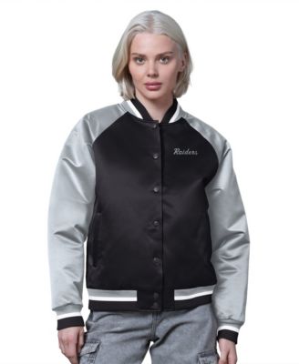 Women's Black/Silver Las Vegas Raiders Satin Full-Snap Vintage Varsity Jacket