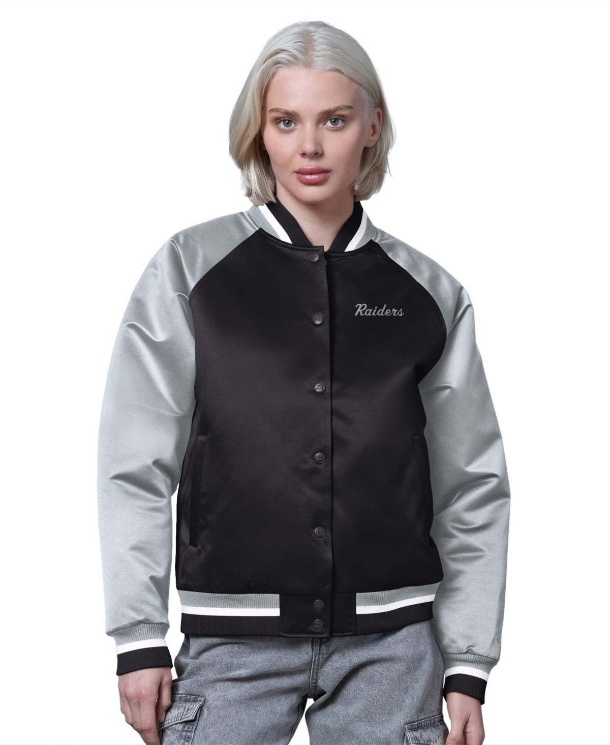 Starter Women's Black/Silver Las Vegas Raiders Satin Full-Snap Vintage Varsity Jacket